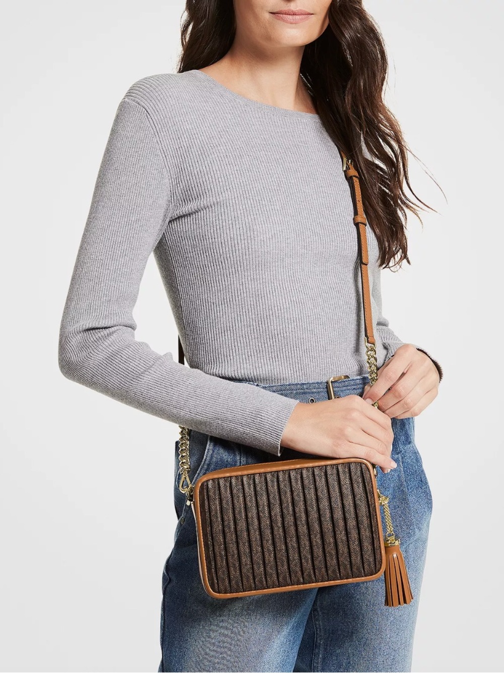 NWT Michael Kors Jet Set Charm Tassel Camera Signature Crossbody Bag-Brown/Acorn